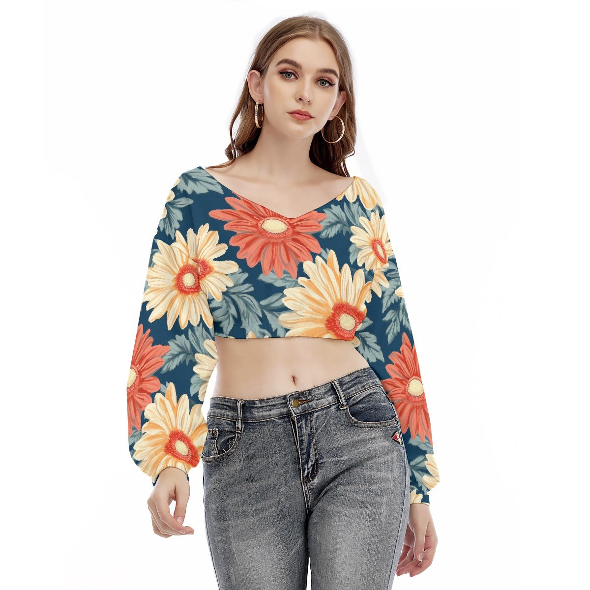 All-Over Print Women's V-neck Long Sleeve Cropped Sweatshirt