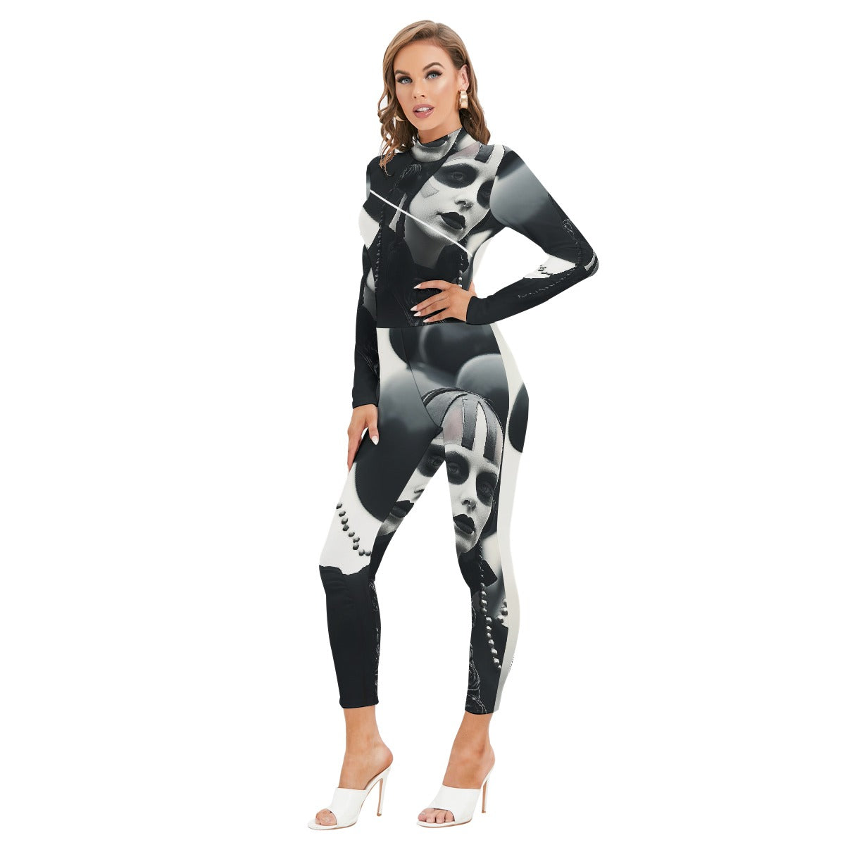 All-Over Print Women's Long-sleeved High-neck Jumpsuit With Zipper