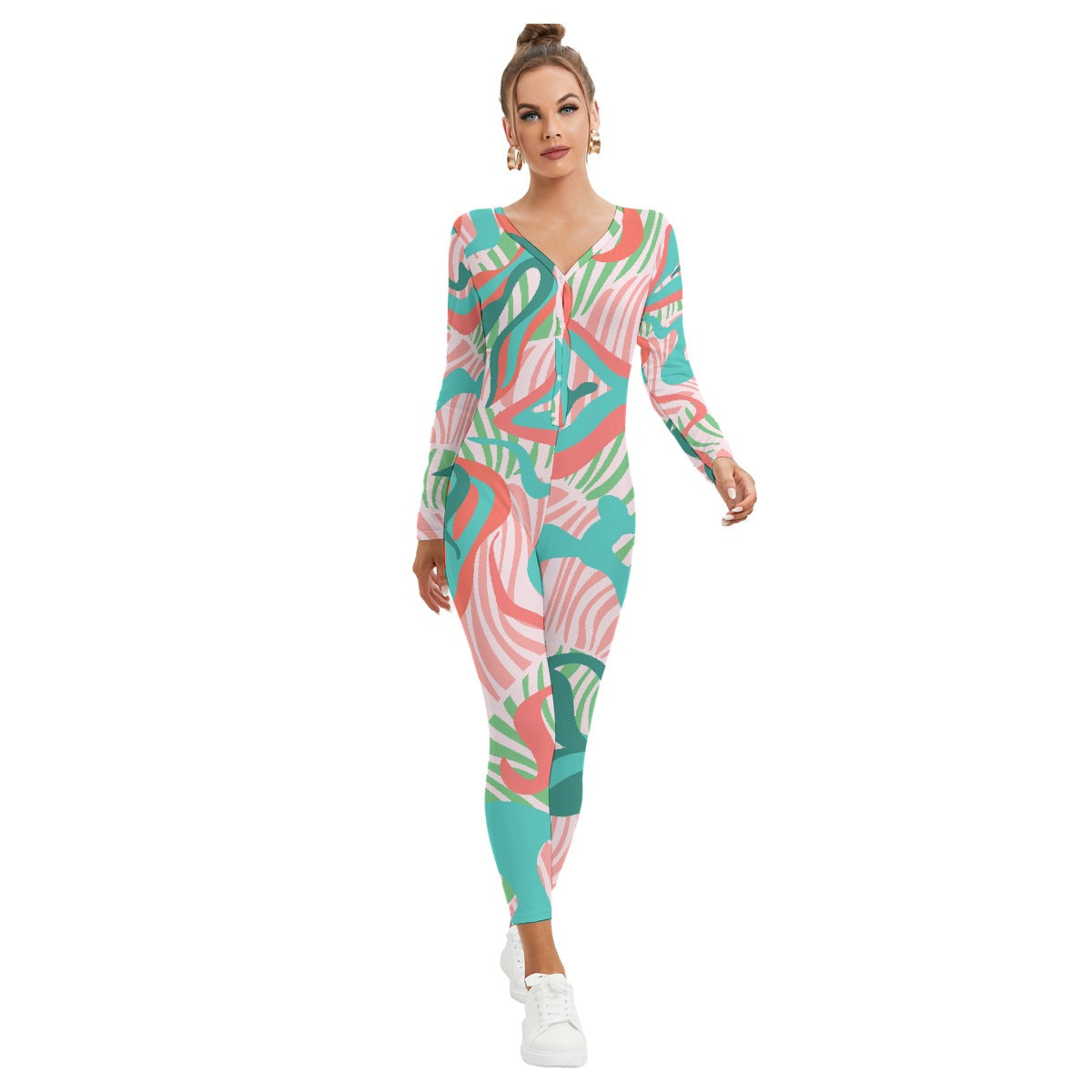 All-Over Print Women's Plunging Neck Jumpsuit