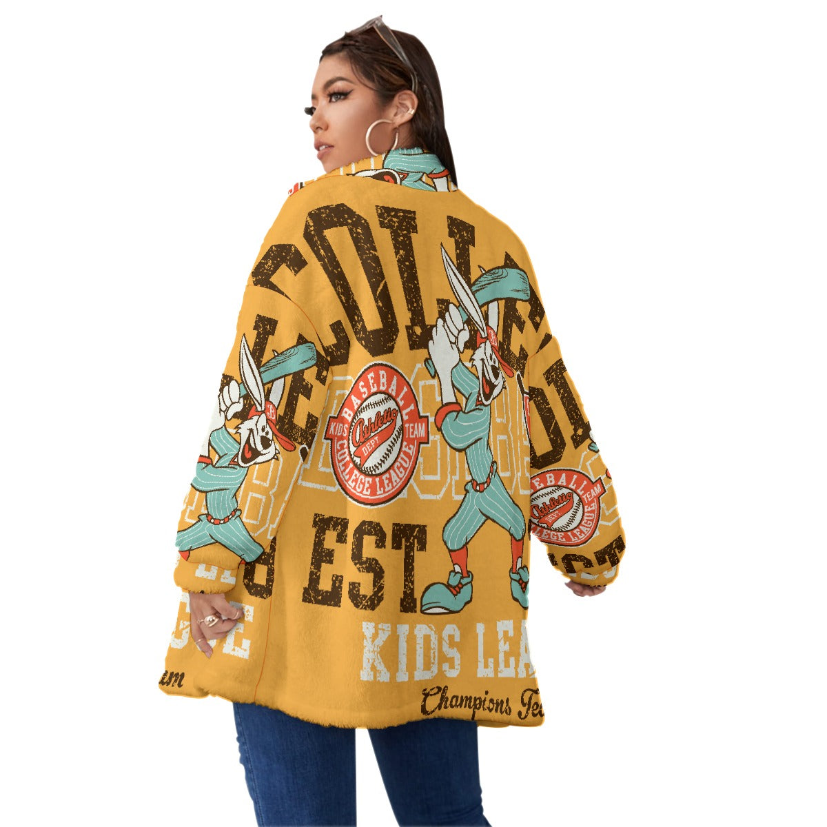 All-Over Print Unisex Borg Fleece Stand-up Collar Coat With Zipper Closure(Plus Size)