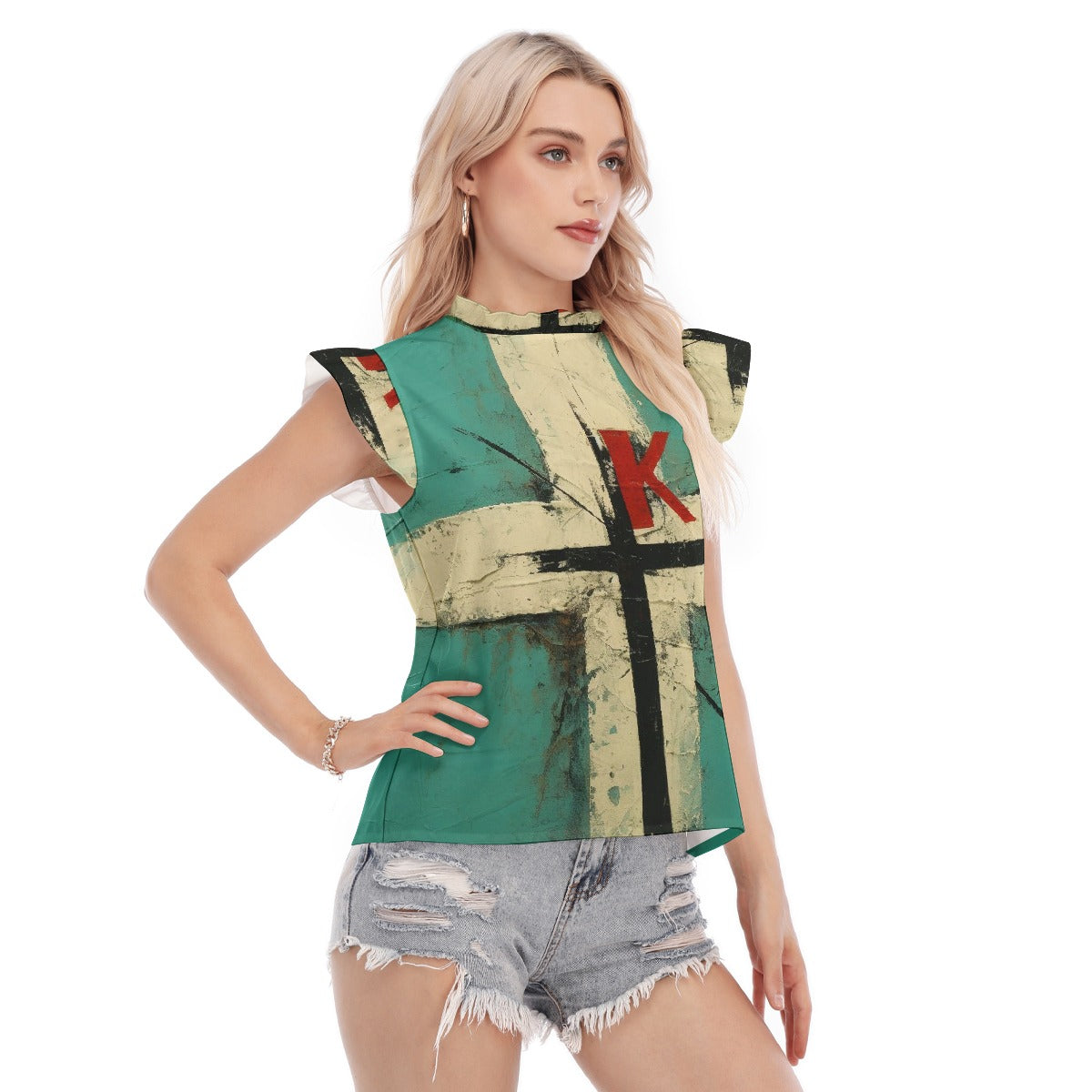 All-Over Print Women's Blouse With Ruffle Collar And Sleeve