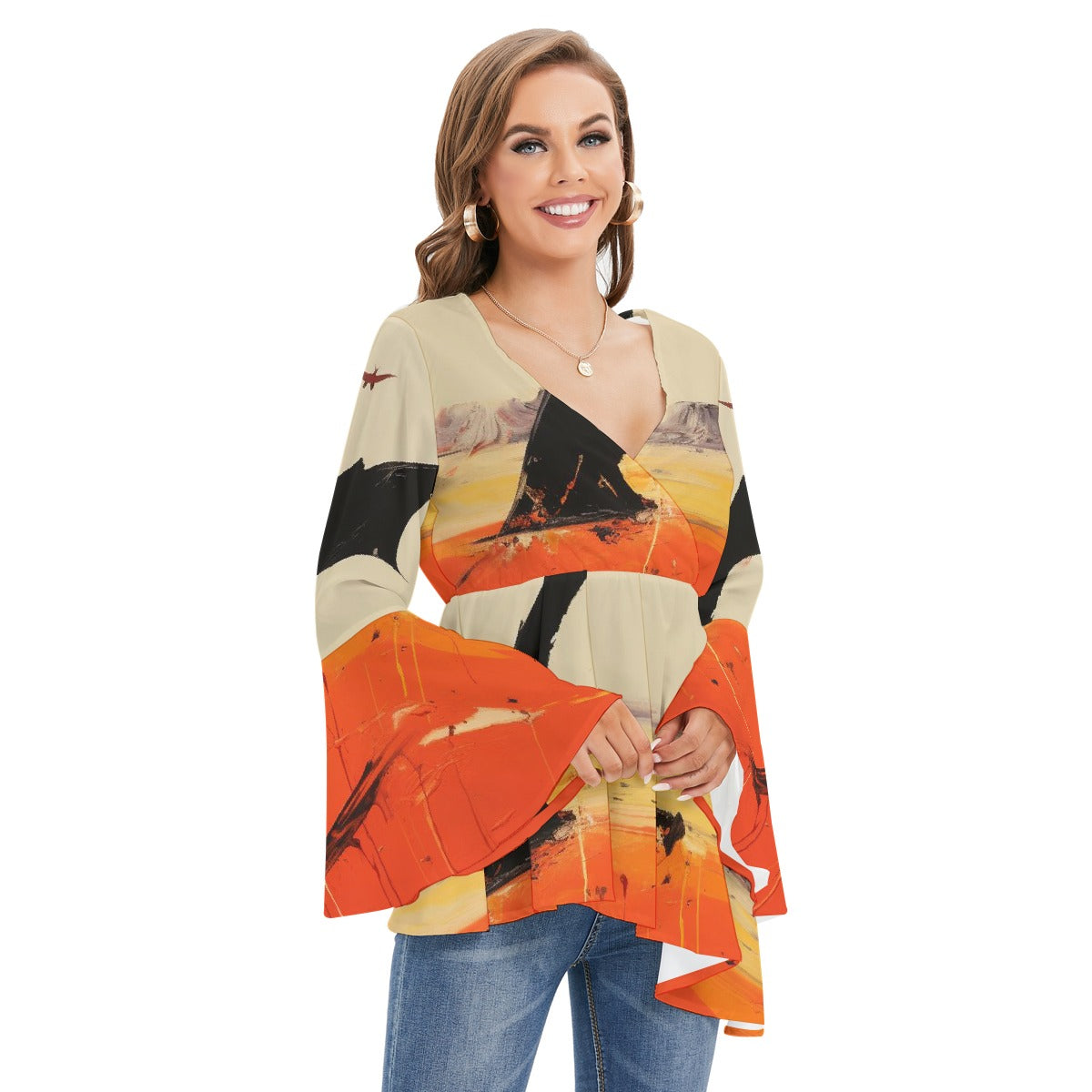 All-Over Print Women's V-neck Blouse With Flared Sleeves