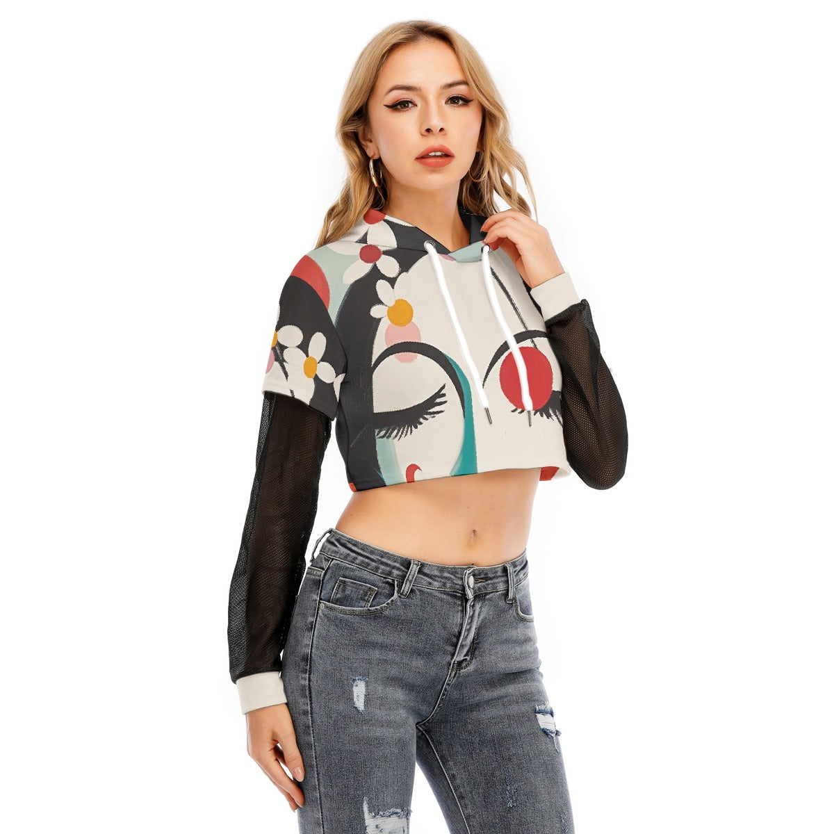 All-Over Print Women's Fake Two-piece Mesh Sleeve Cropped Hoodie