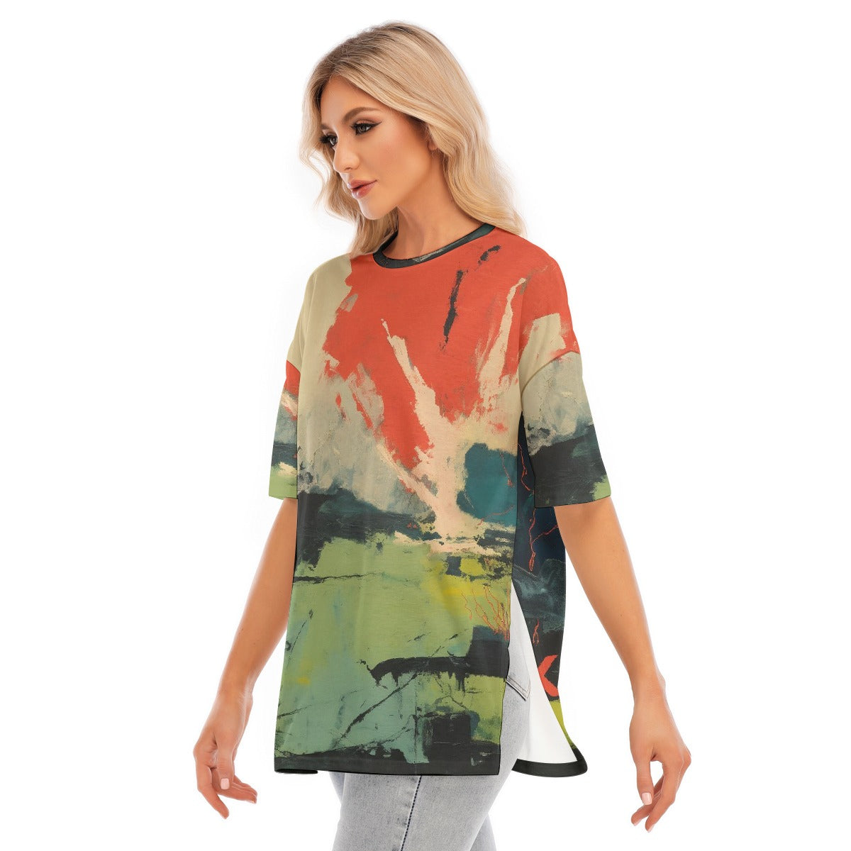 All-Over Print Women's Short Sleeves T-shirt With Hem Split
