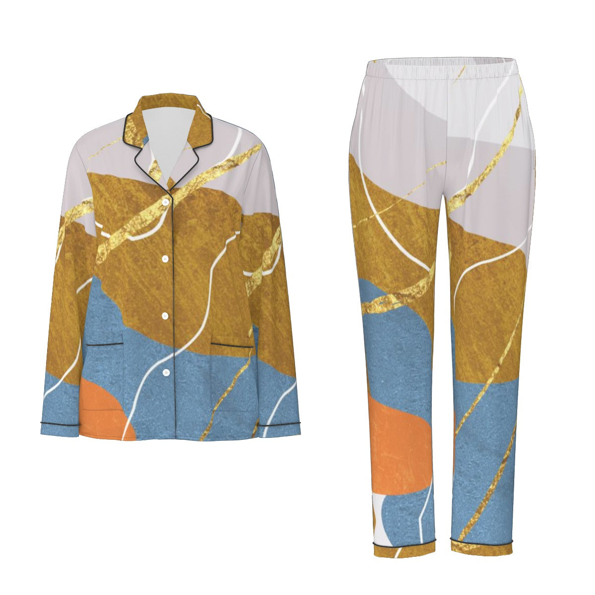 All-Over Print Women's Long Sleeve Pajama Set With Black Contrast Piping