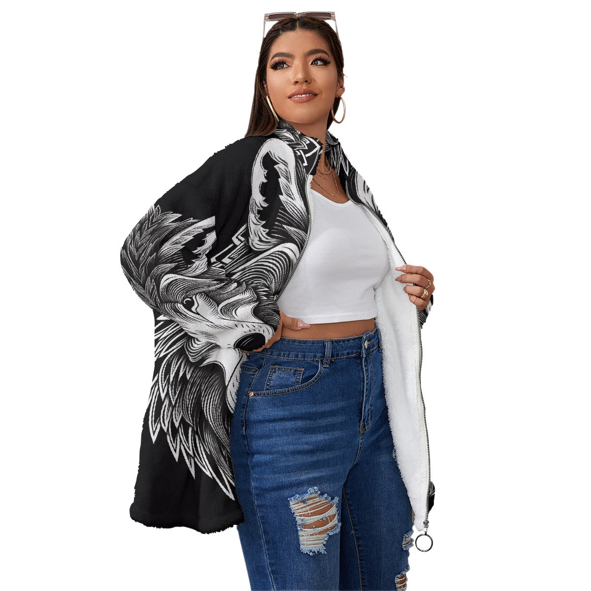 All-Over Print Unisex Borg Fleece Stand-up Collar Coat With Zipper Closure(Plus Size)