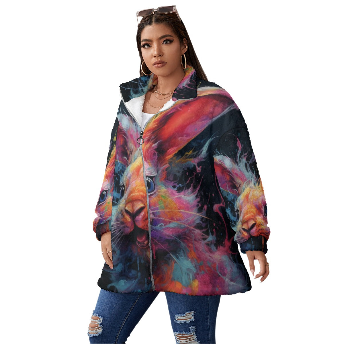 All-Over Print Unisex Borg Fleece Stand-up Collar Coat With Zipper Closure(Plus Size)