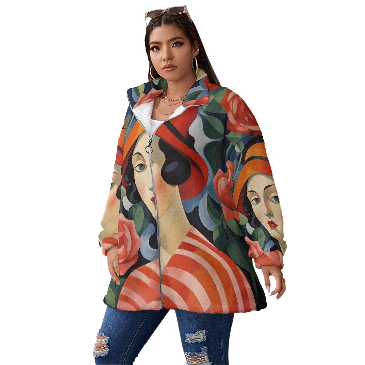 All-Over Print Unisex Borg Fleece Stand-up Collar Coat With Zipper Closure(Plus Size)