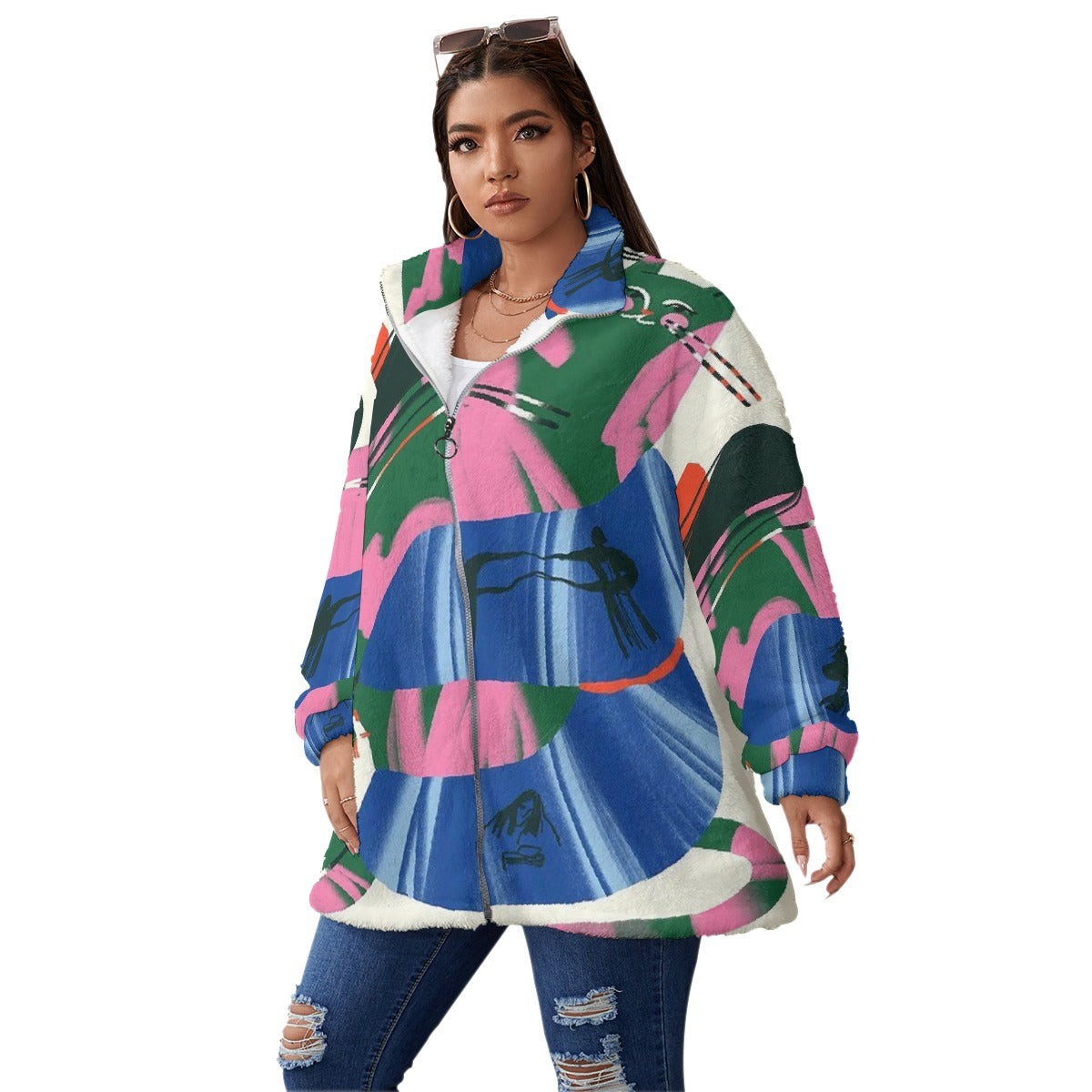 All-Over Print Unisex Borg Fleece Stand-up Collar Coat With Zipper Closure(Plus Size)