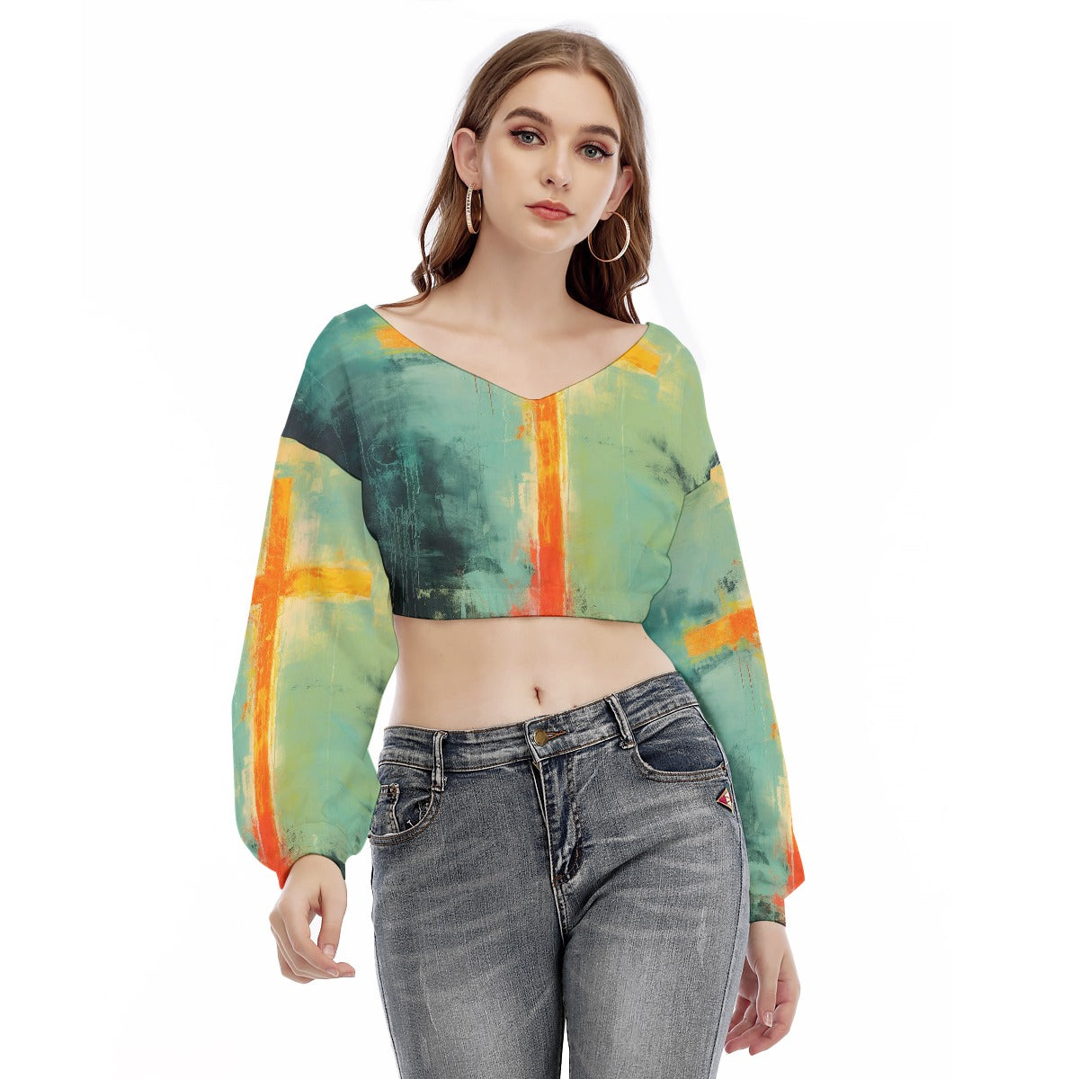 All-Over Print Women's V-neck Long Sleeve Cropped Sweatshirt