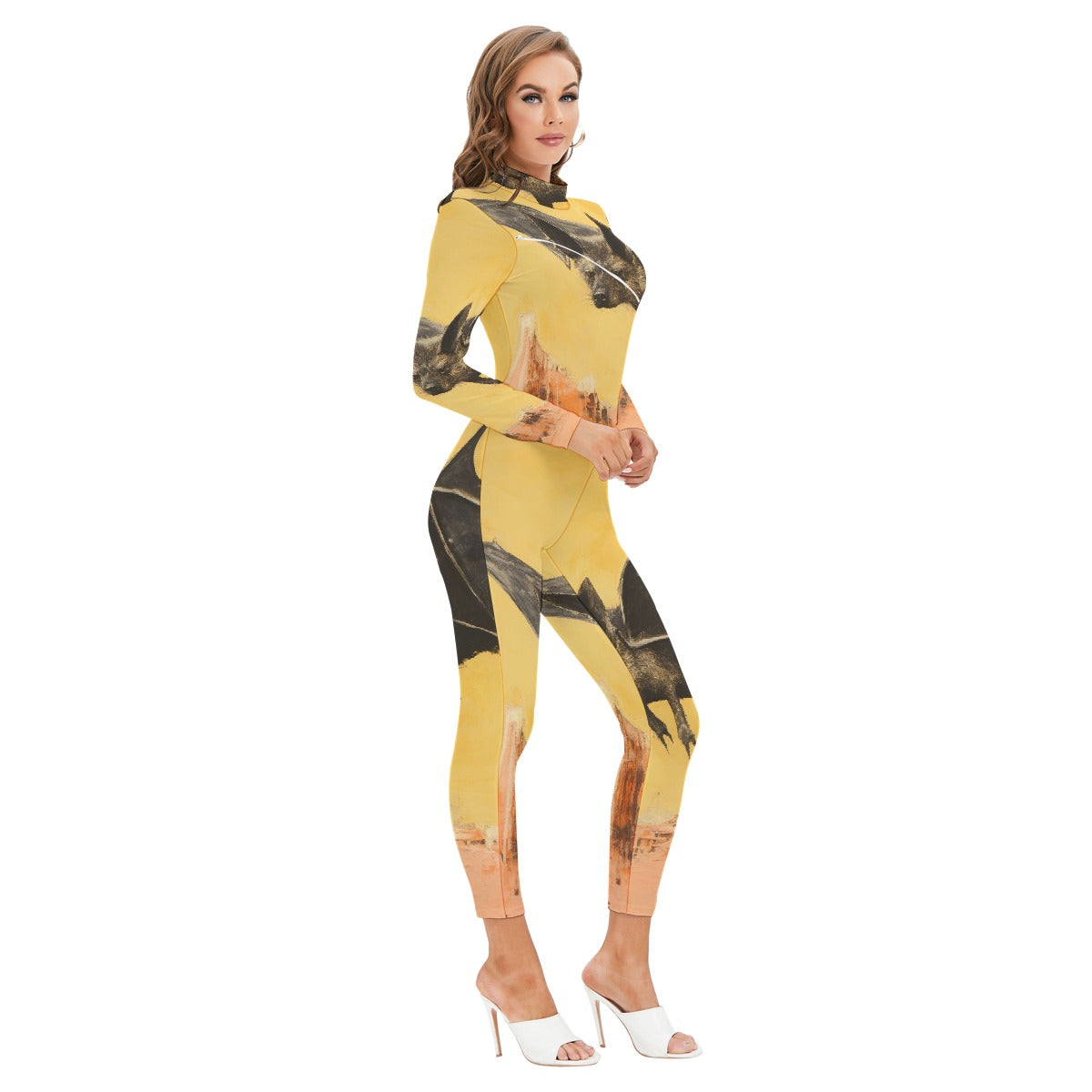 All-Over Print Women's Long-sleeved High-neck Jumpsuit With Zipper