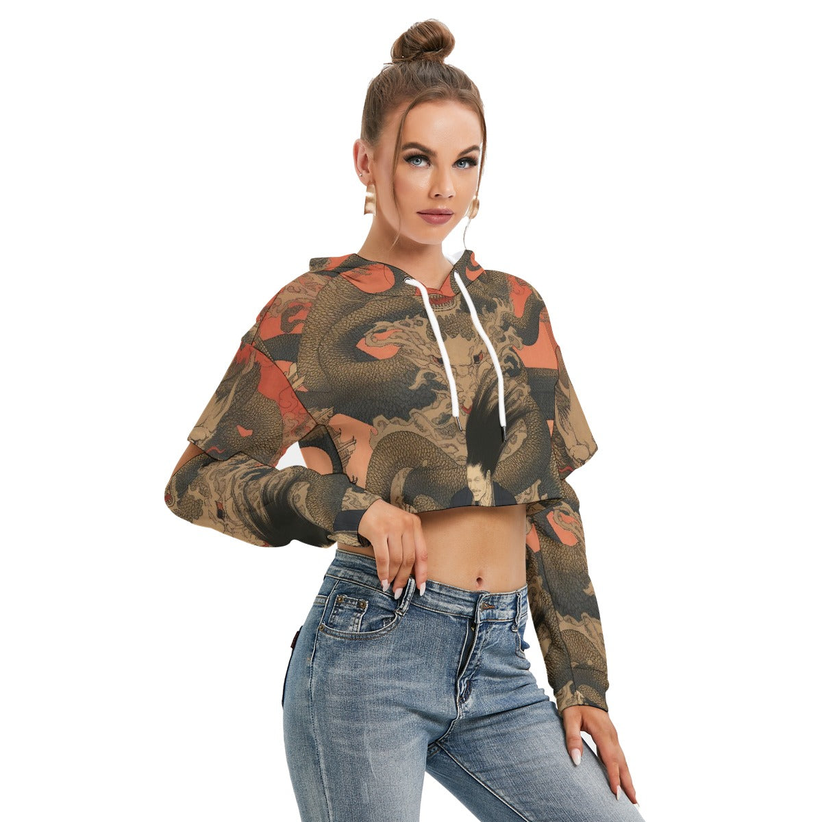 All-Over Print Women's Heavy Fleece Hoodie With Hollow Out Sleeve
