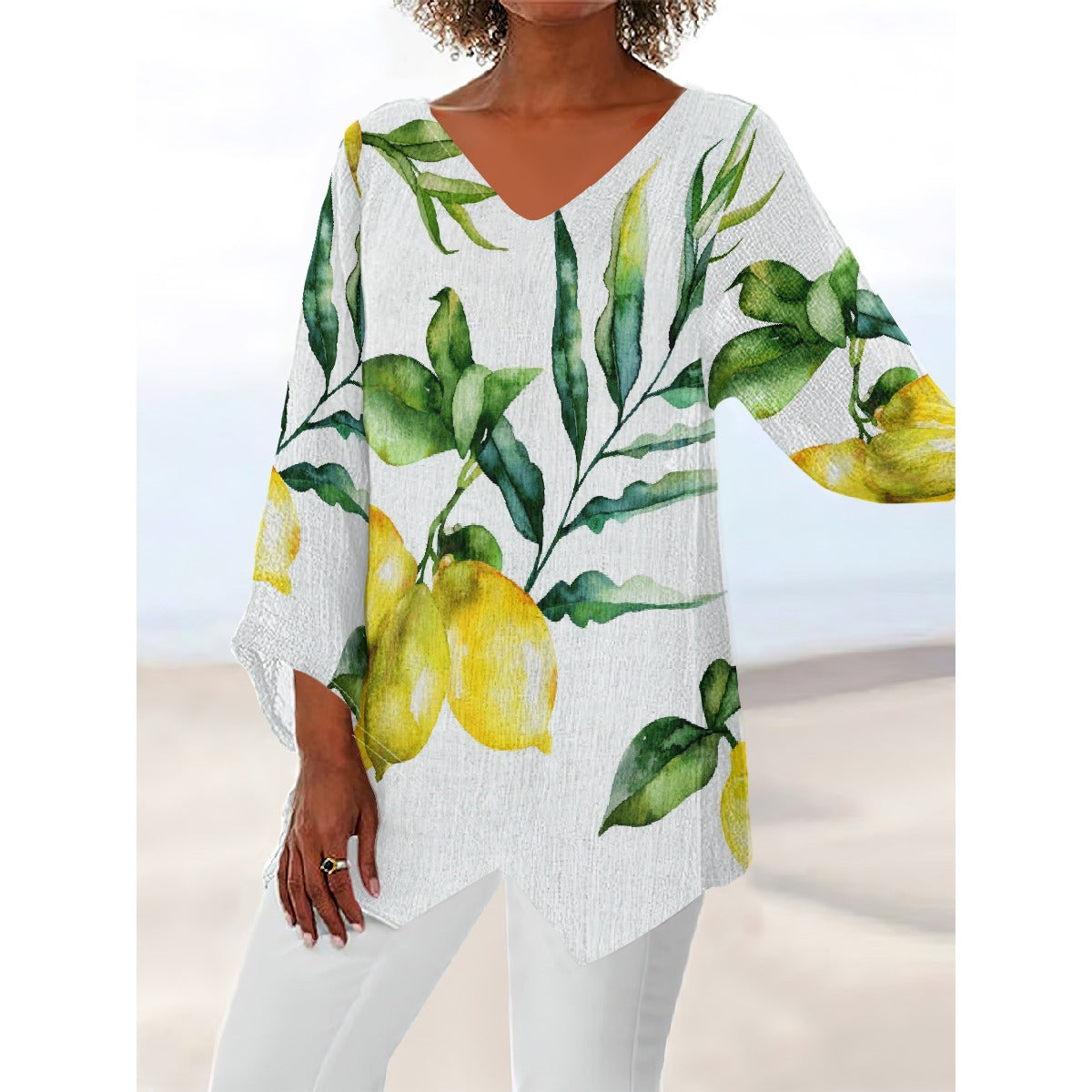 All-Over Print Women's V-neck T-shirt With Irregular Hem