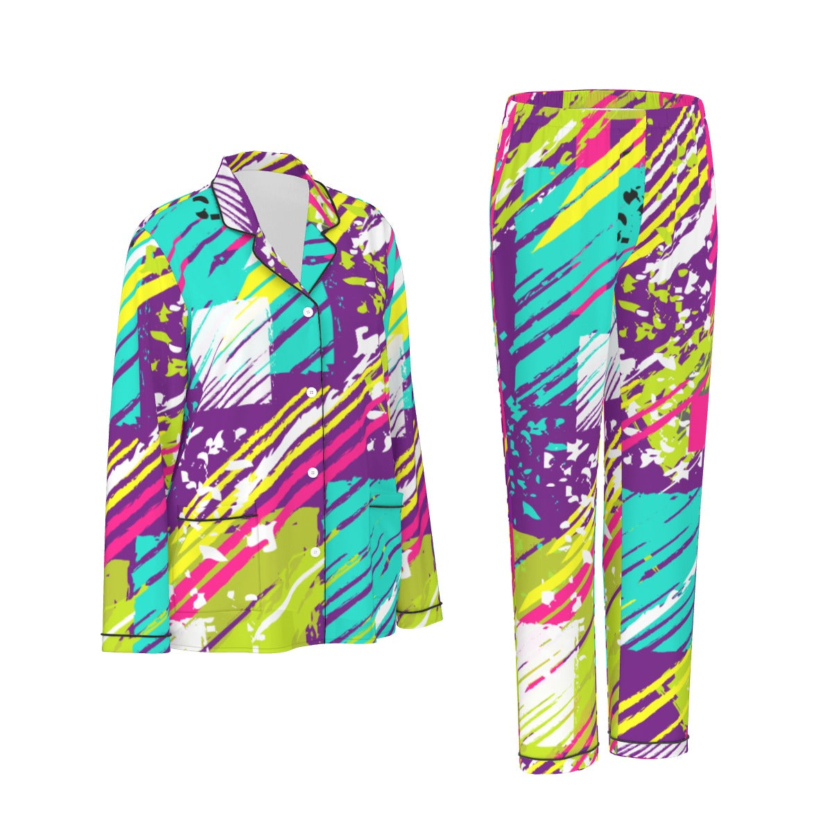 All-Over Print Women's Long Sleeve Pajama Set With Black Contrast Piping