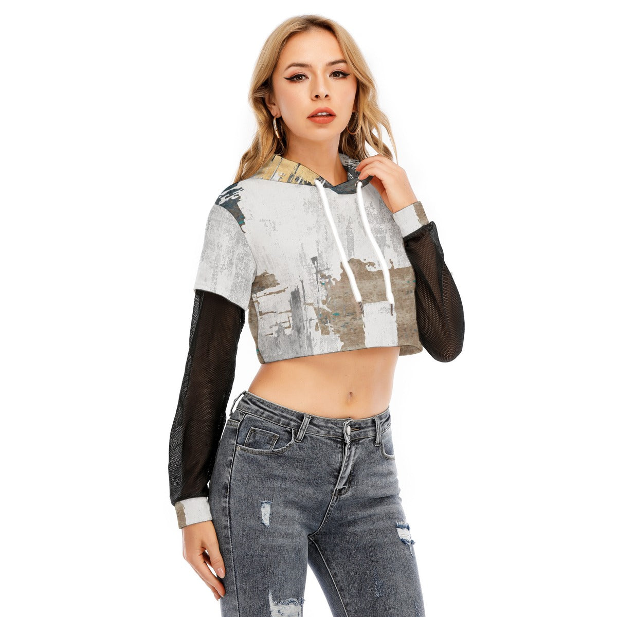 All-Over Print Women's Fake Two-piece Mesh Sleeve Cropped Hoodie
