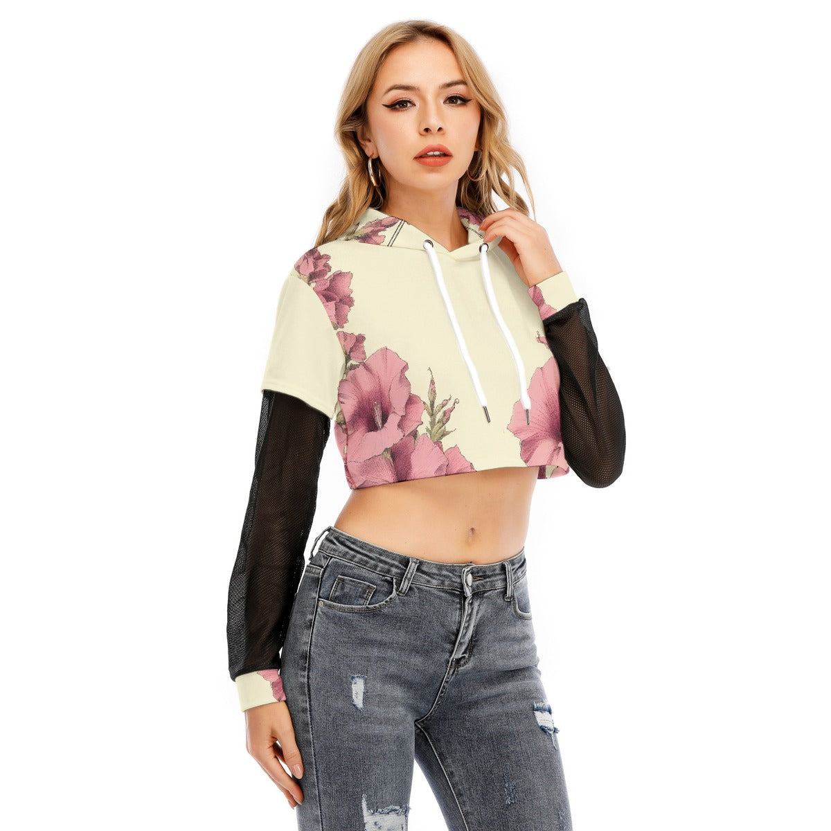 All-Over Print Women's Fake Two-piece Mesh Sleeve Cropped Hoodie