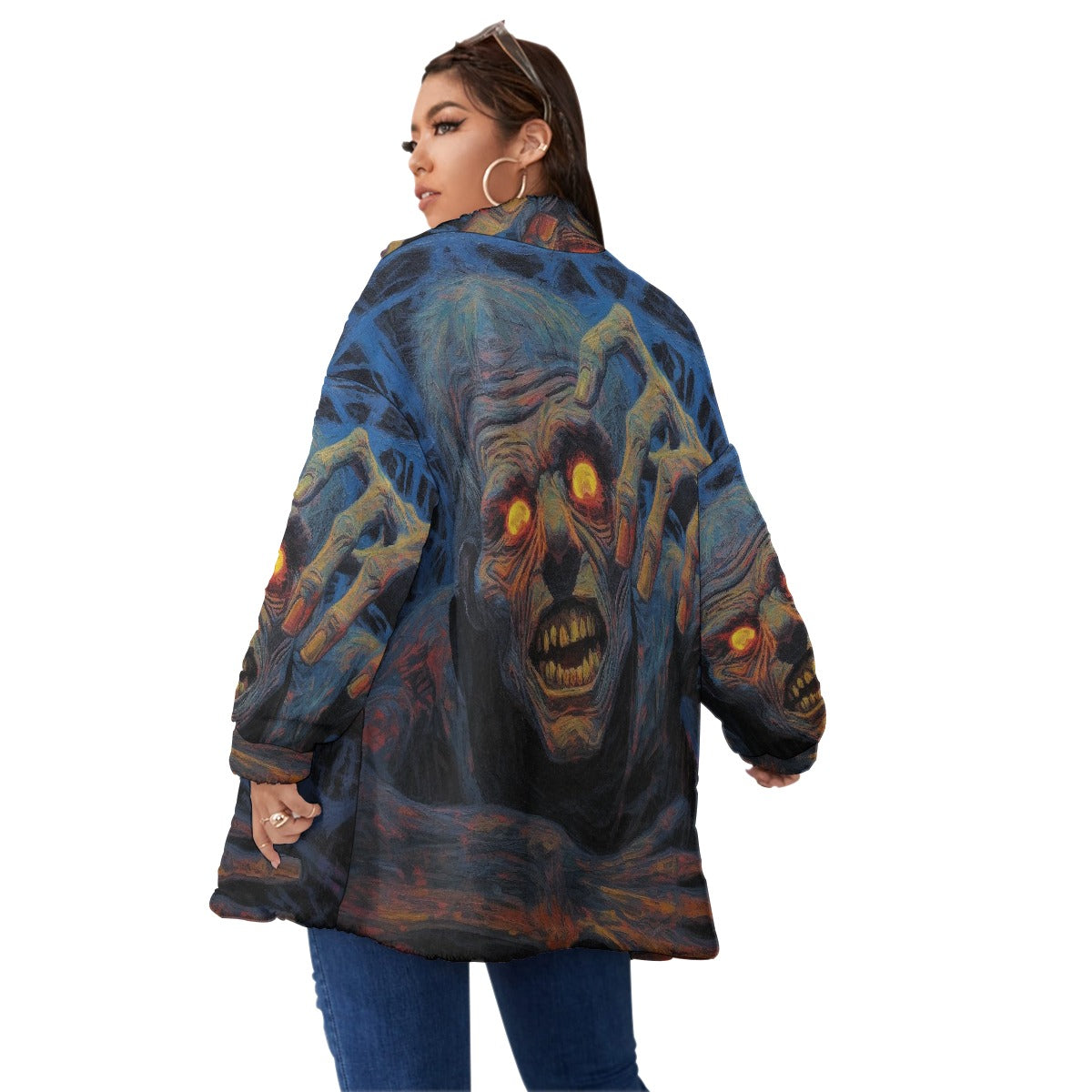 All-Over Print Unisex Borg Fleece Stand-up Collar Coat With Zipper Closure(Plus Size)