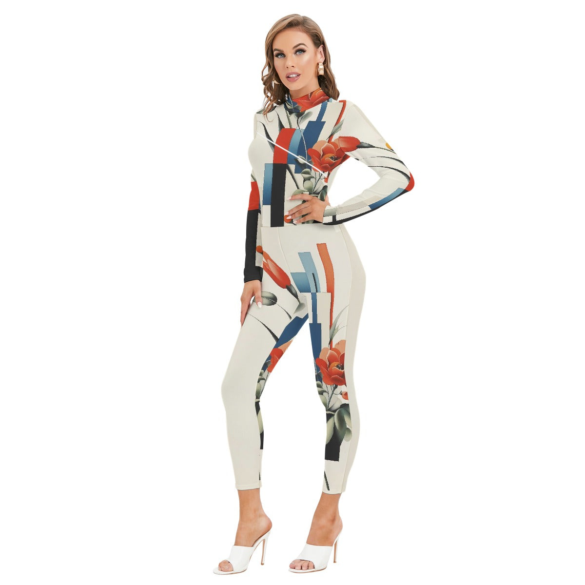 All-Over Print Women's Long-sleeved High-neck Jumpsuit With Zipper