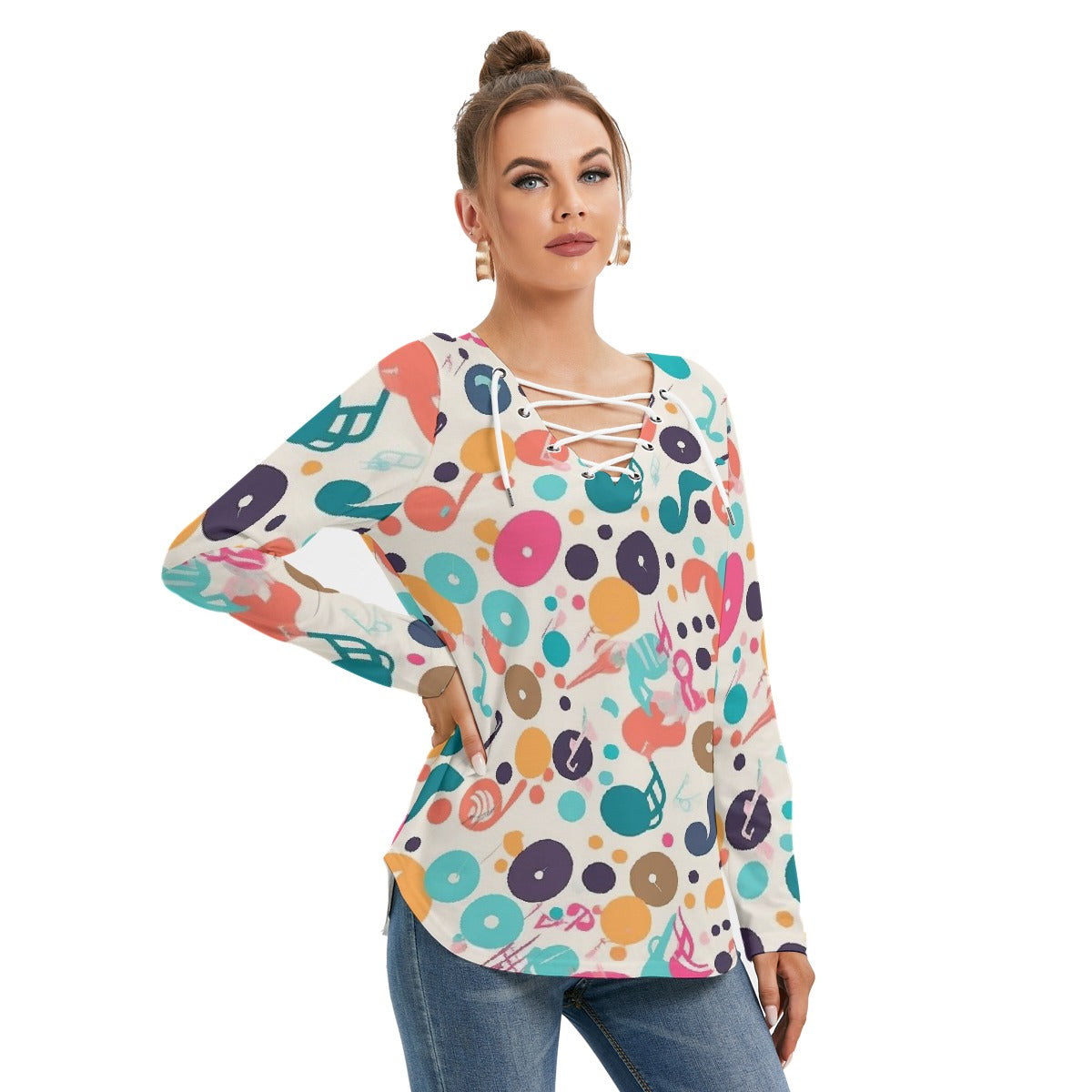 All-Over Print Women's Long Sleeve Neckline Tie Sweatshirt