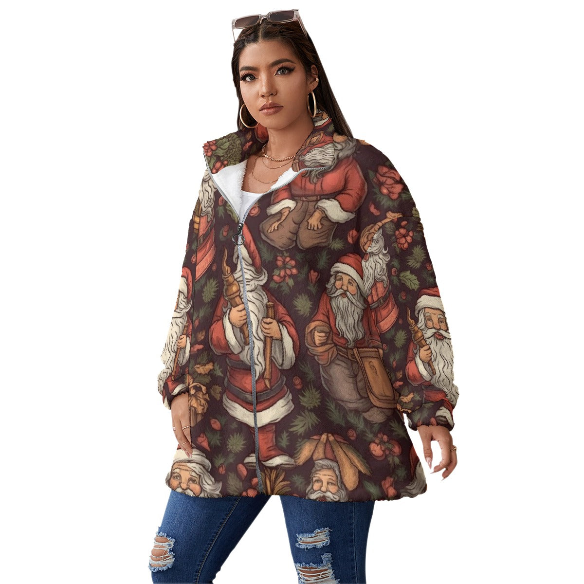 All-Over Print Unisex Borg Fleece Stand-up Collar Coat With Zipper Closure(Plus Size)