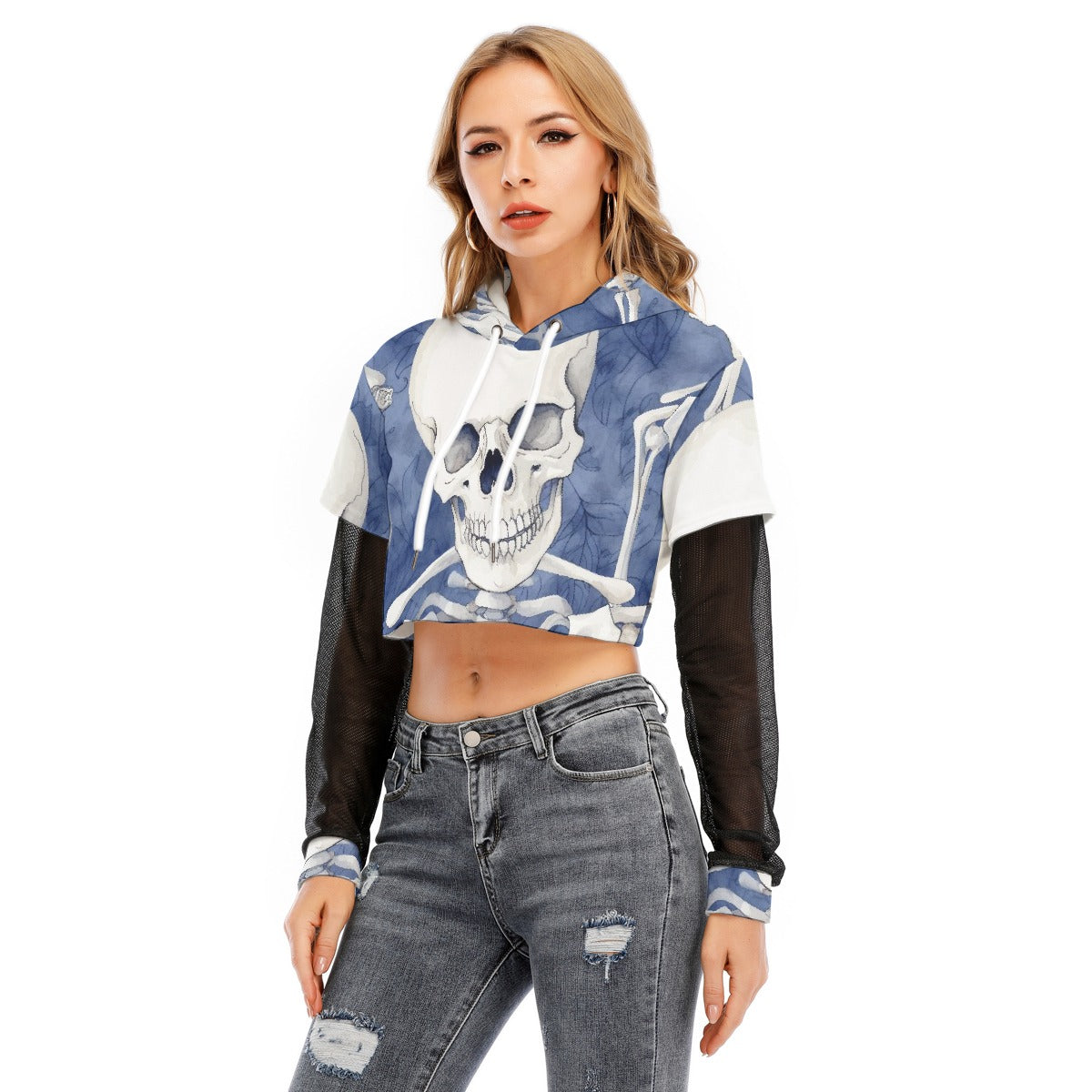 All-Over Print Women's Fake Two-piece Mesh Sleeve Cropped Hoodie