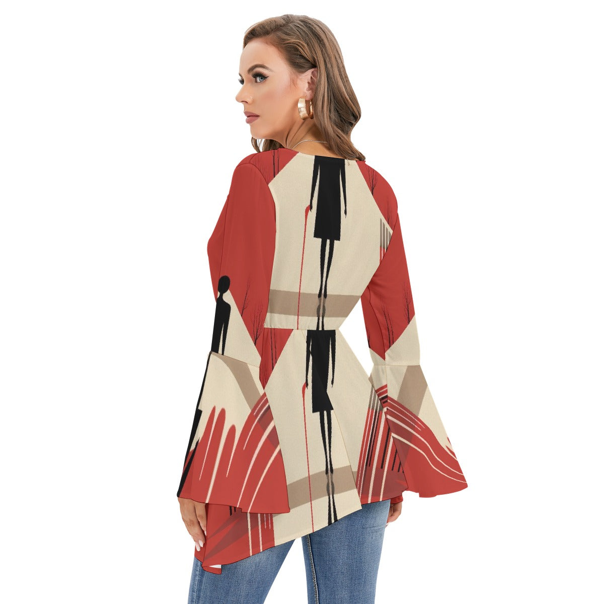 All-Over Print Women's V-neck Blouse With Flared Sleeves