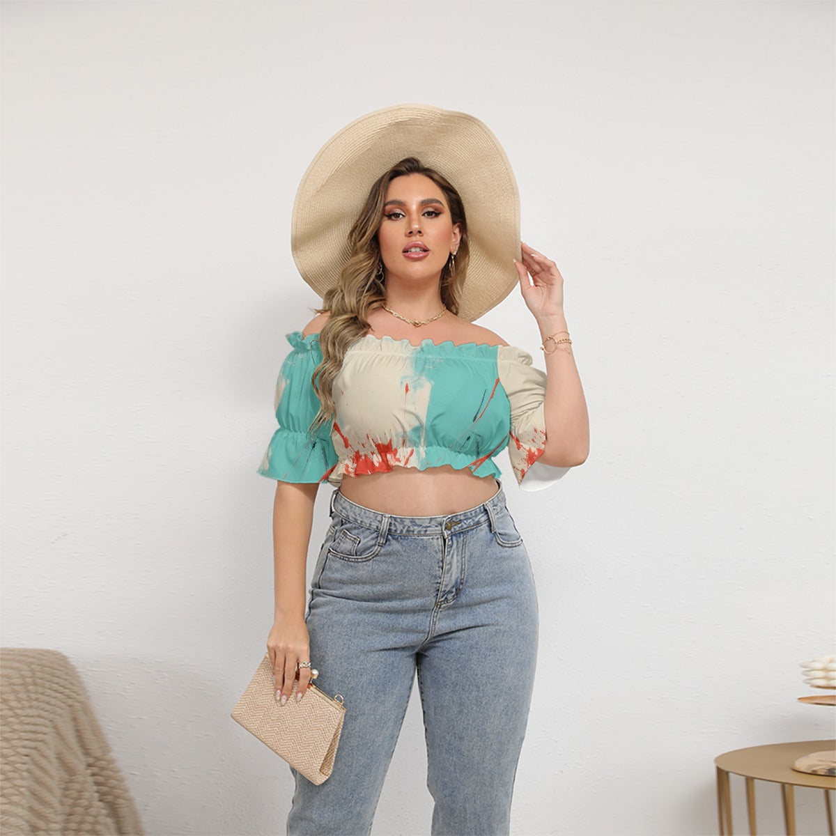 All-Over Print Women's Off-shoulder Cropped Top With Short Puff Sleeve