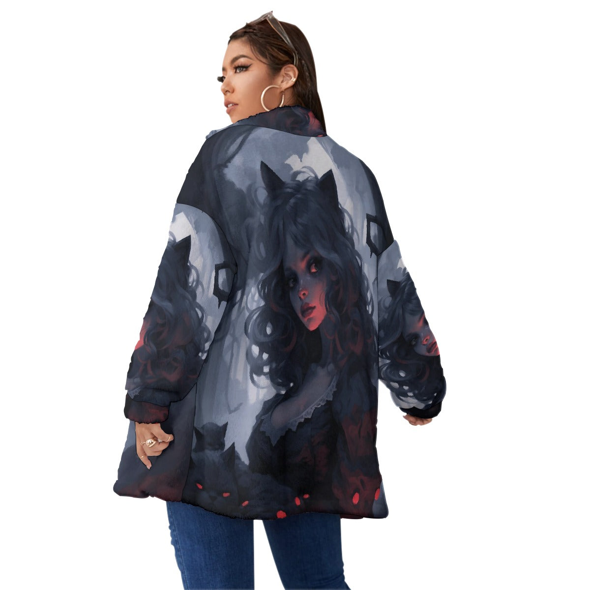 All-Over Print Unisex Borg Fleece Stand-up Collar Coat With Zipper Closure(Plus Size)