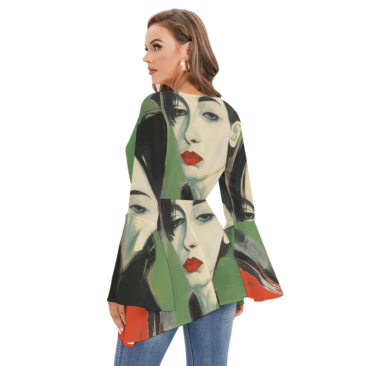 All-Over Print Women's V-neck Blouse With Flared Sleeves