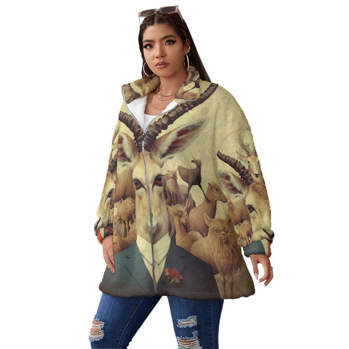 All-Over Print Unisex Borg Fleece Stand-up Collar Coat With Zipper Closure(Plus Size)