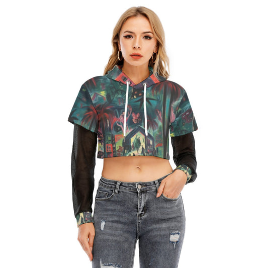 All-Over Print Women's Fake Two-piece Mesh Sleeve Cropped Hoodie