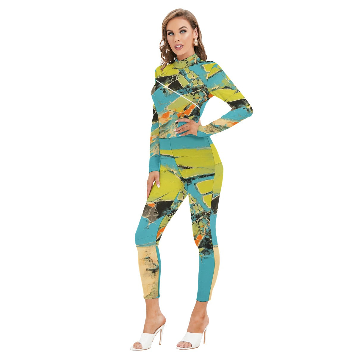 All-Over Print Women's Long-sleeved High-neck Jumpsuit With Zipper