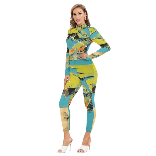 All-Over Print Women's Long-sleeved High-neck Jumpsuit With Zipper