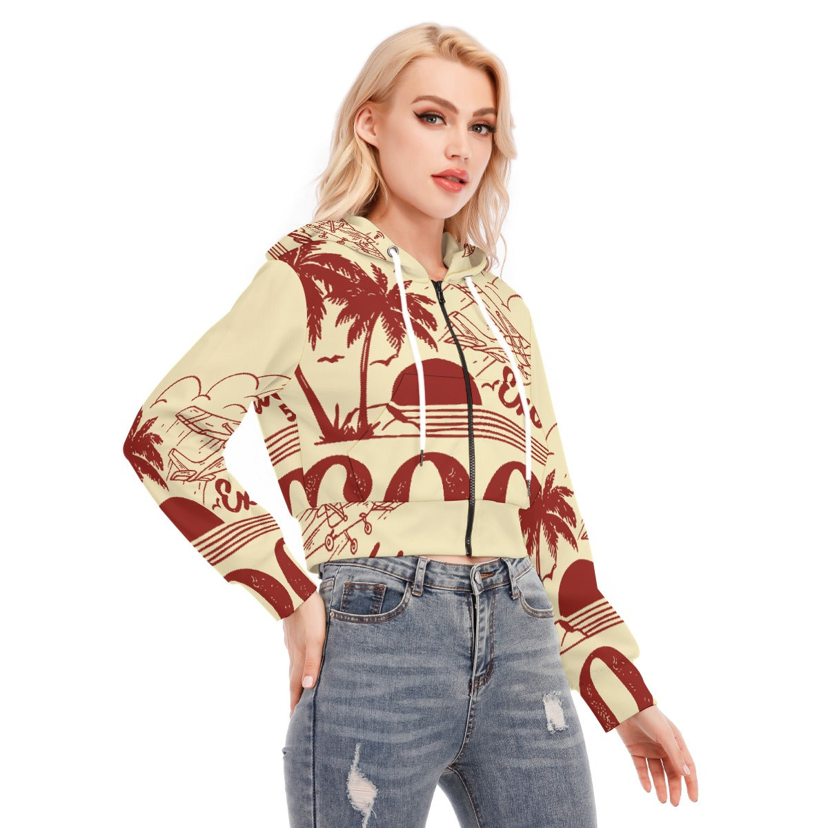 All-Over Print Women's Crop Top Hoodie With Zipper Closure