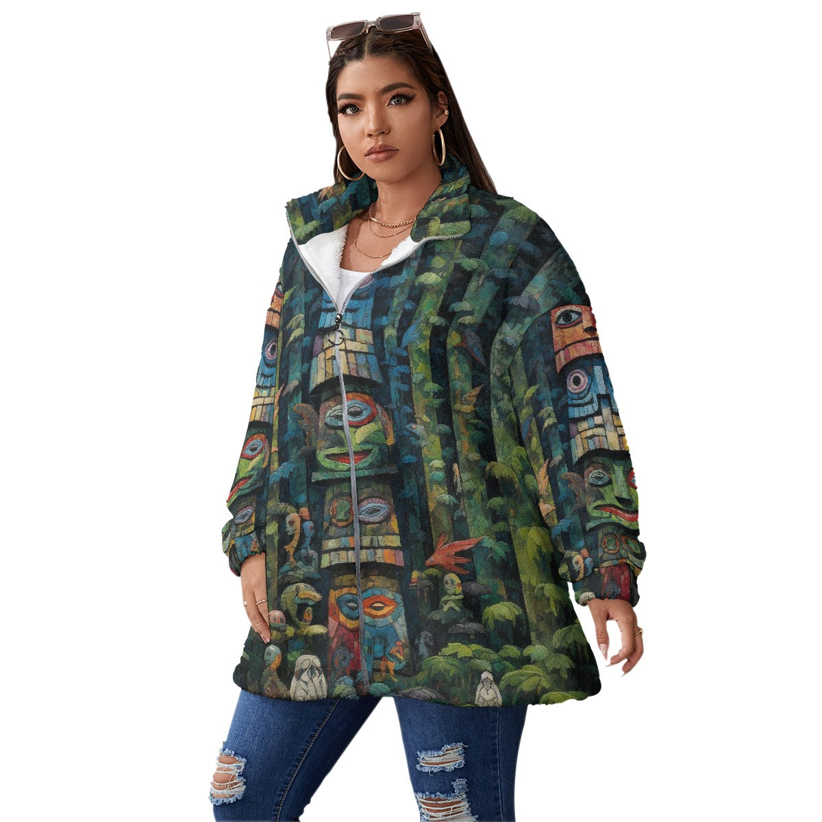 All-Over Print Unisex Borg Fleece Stand-up Collar Coat With Zipper Closure(Plus Size)