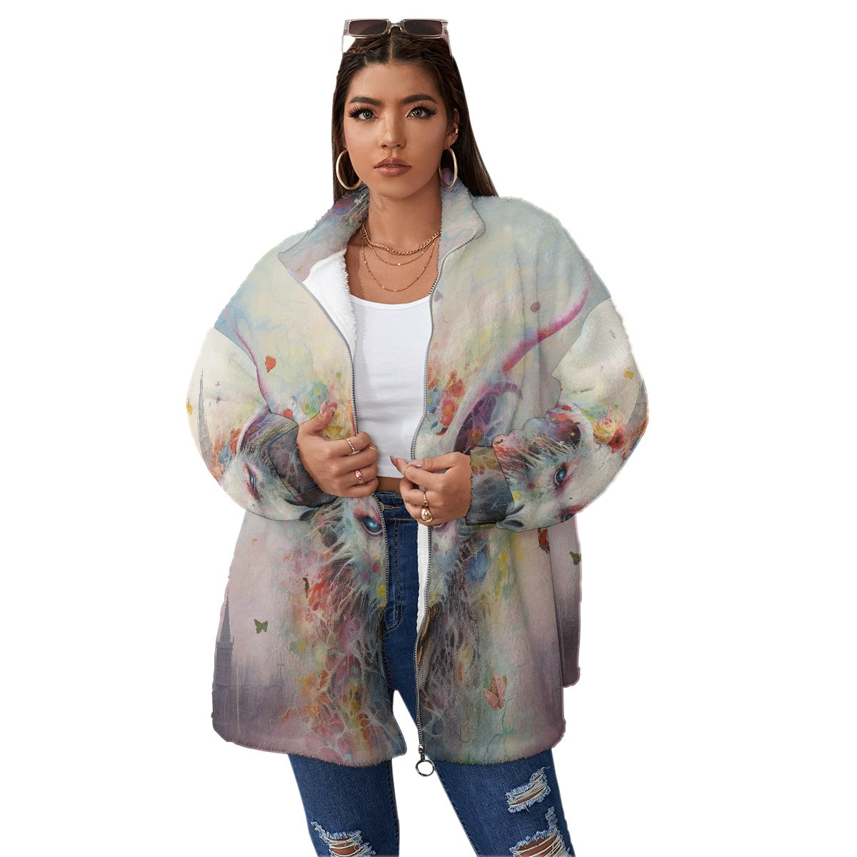 All-Over Print Unisex Borg Fleece Stand-up Collar Coat With Zipper Closure(Plus Size)