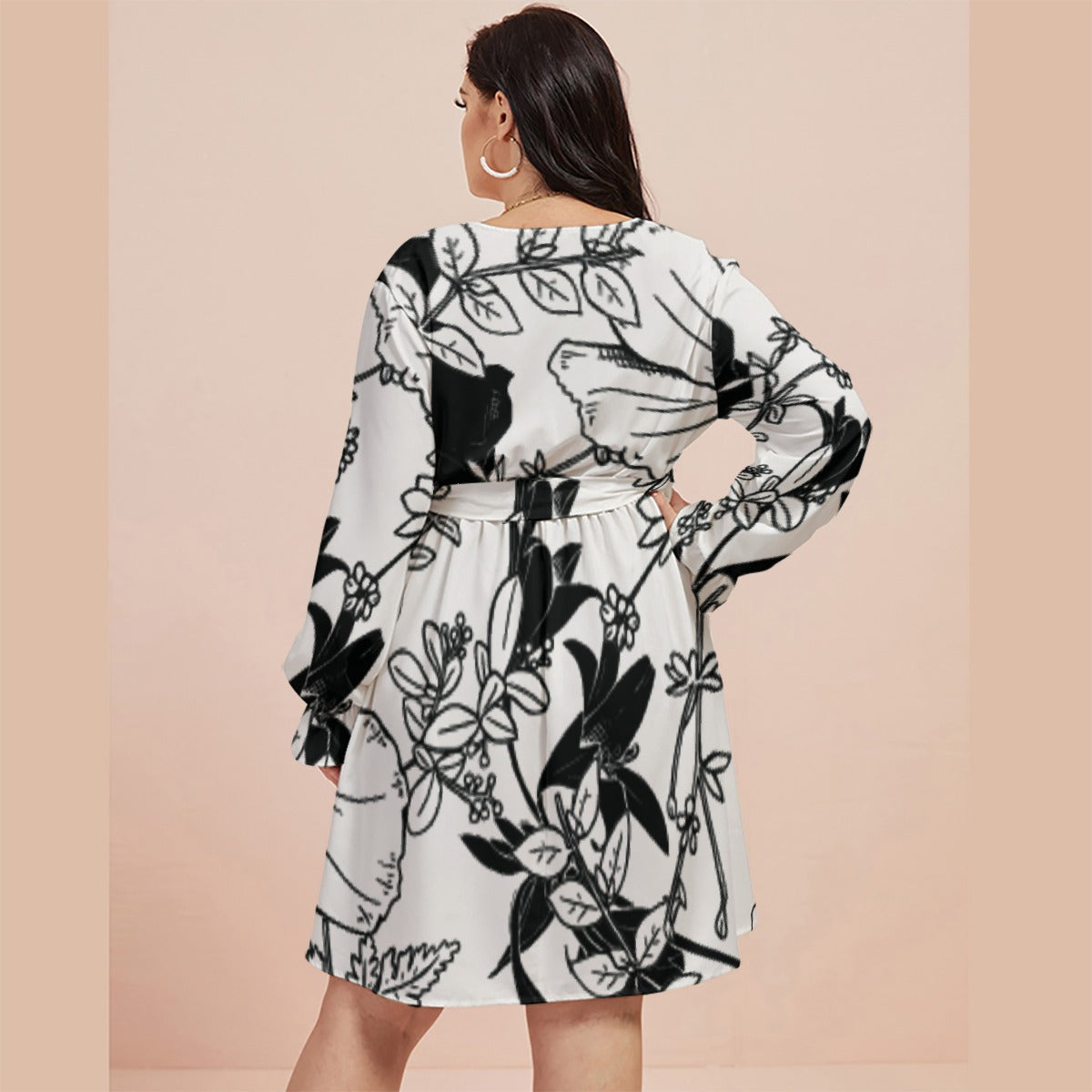 All-Over Print Women's V-neck Dress With Waistband(Plus Size)