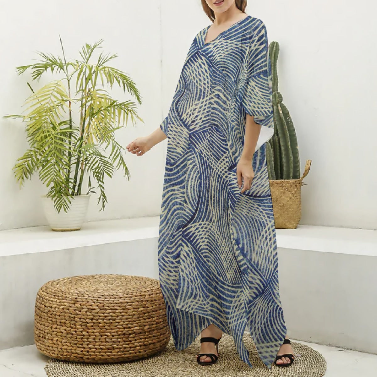 All-Over Print Women's Imitation Silk V-neck Kaftan Robe