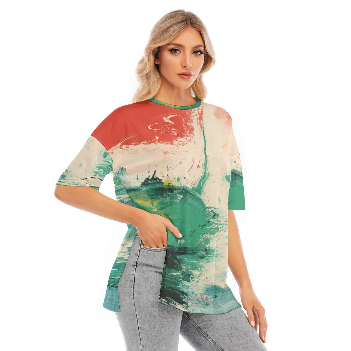 All-Over Print Women's Short Sleeves T-shirt With Hem Split