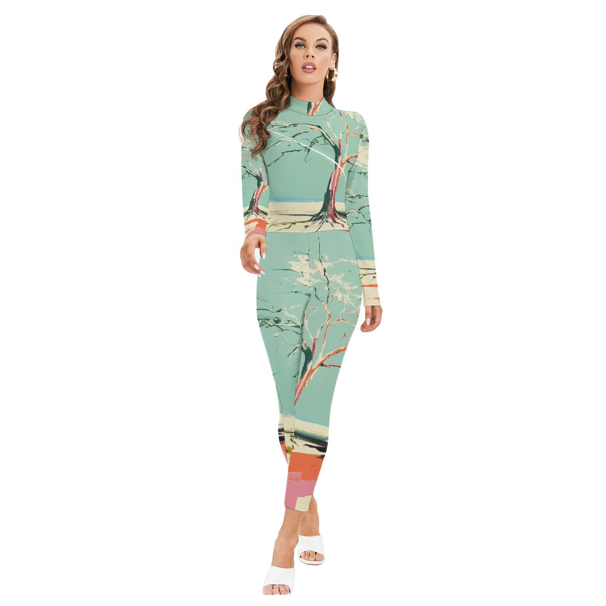 All-Over Print Women's Long-sleeved High-neck Jumpsuit With Zipper