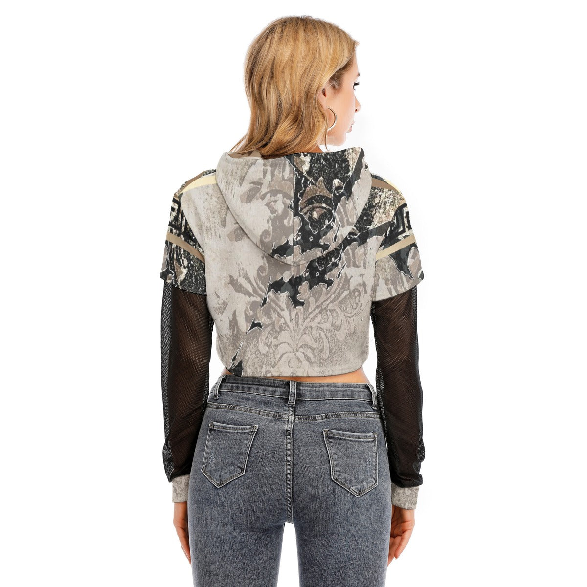 All-Over Print Women's Fake Two-piece Mesh Sleeve Cropped Hoodie