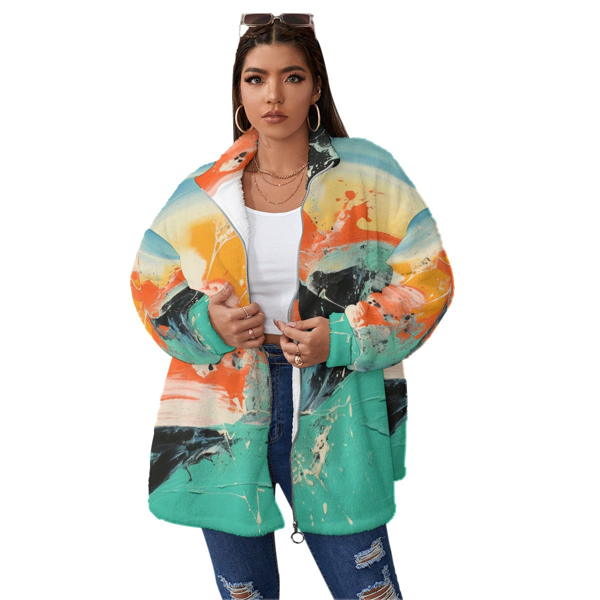 All-Over Print Unisex Borg Fleece Stand-up Collar Coat With Zipper Closure(Plus Size)