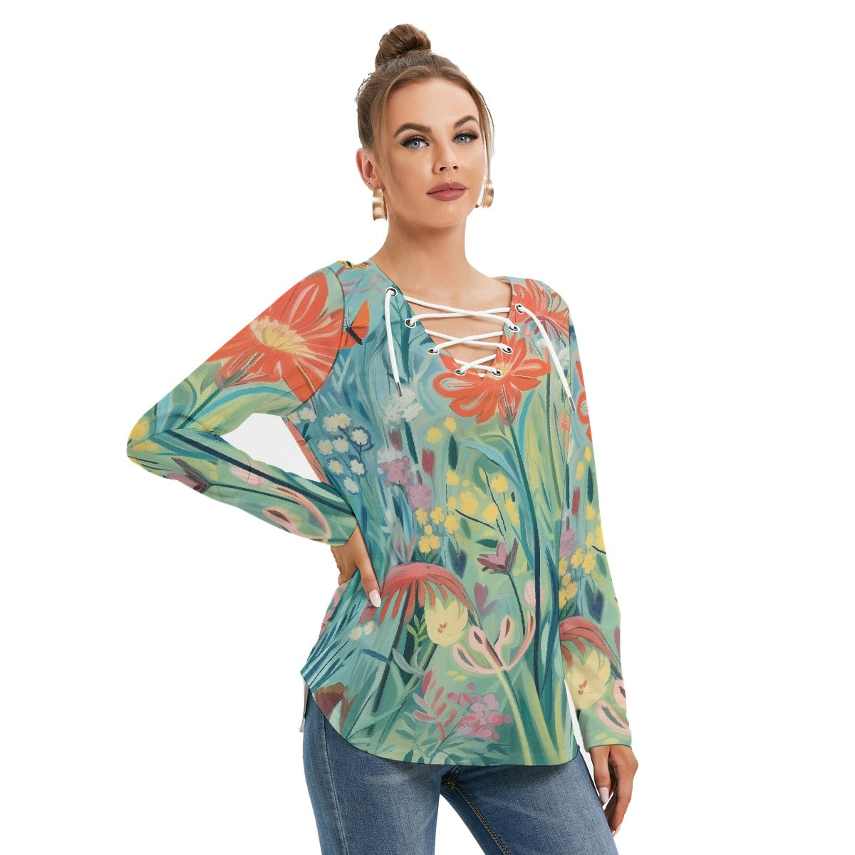 All-Over Print Women's Long Sleeve Neckline Tie Sweatshirt