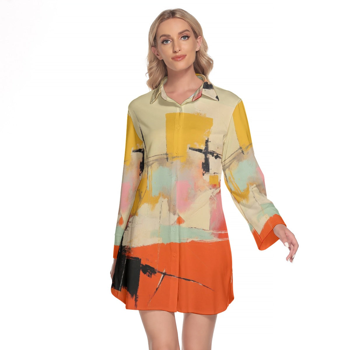 All-Over Print Women's Lapel Shirt Dress With Long Sleeve