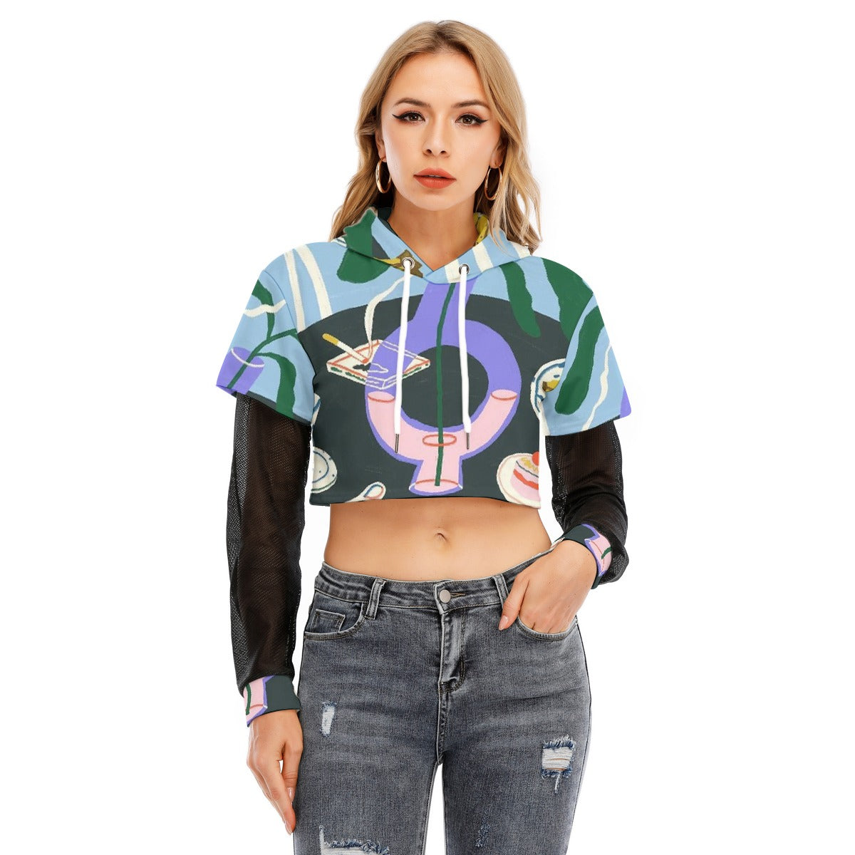 All-Over Print Women's Fake Two-piece Mesh Sleeve Cropped Hoodie