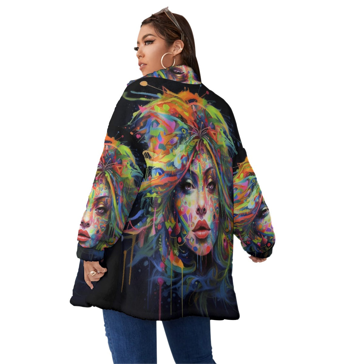 All-Over Print Unisex Borg Fleece Stand-up Collar Coat With Zipper Closure(Plus Size)