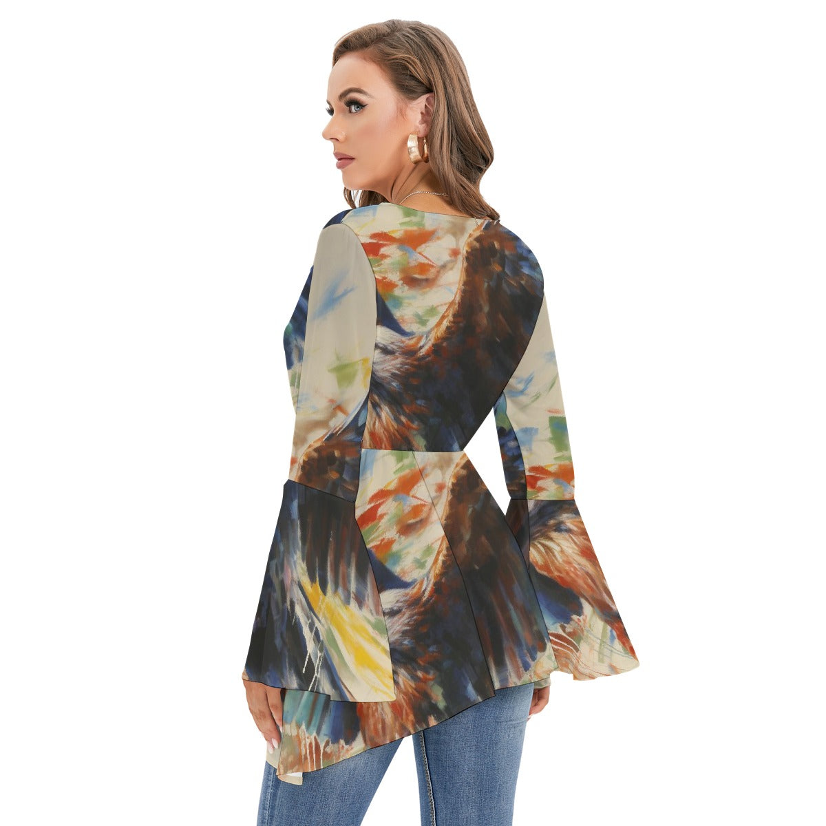 All-Over Print Women's V-neck Blouse With Flared Sleeves
