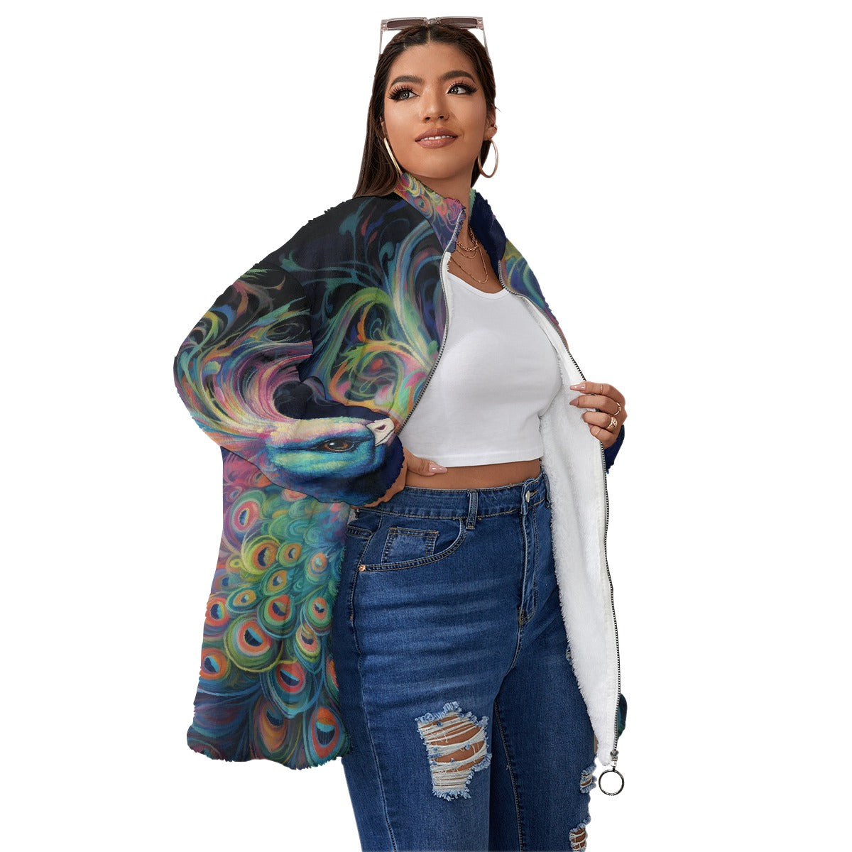 All-Over Print Unisex Borg Fleece Stand-up Collar Coat With Zipper Closure(Plus Size)