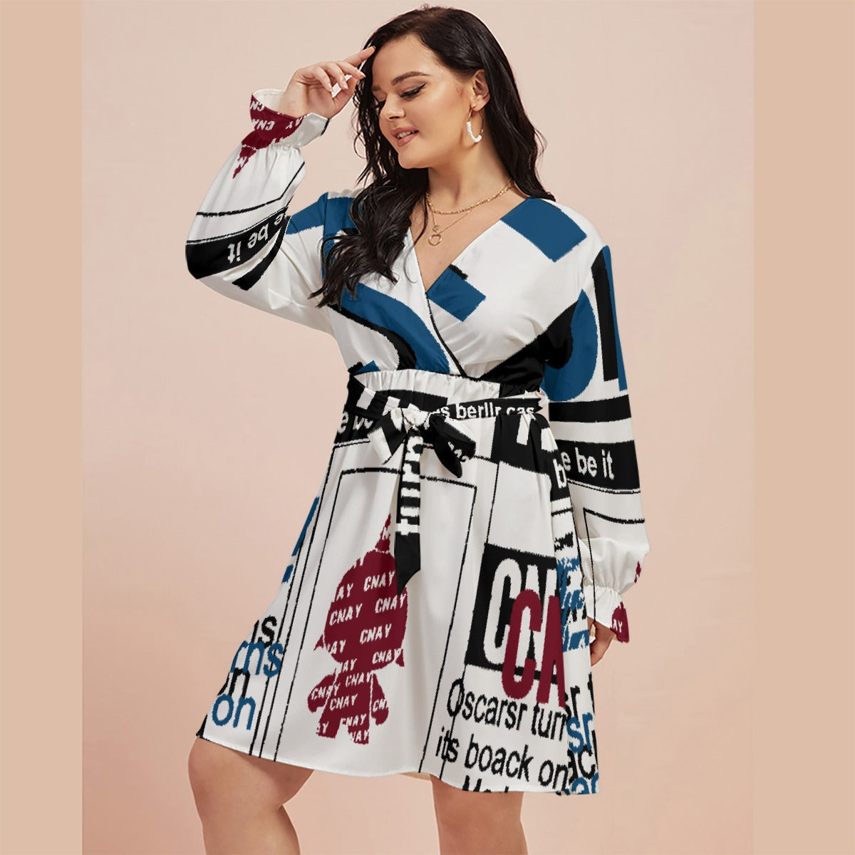 All-Over Print Women's V-neck Dress With Waistband(Plus Size)