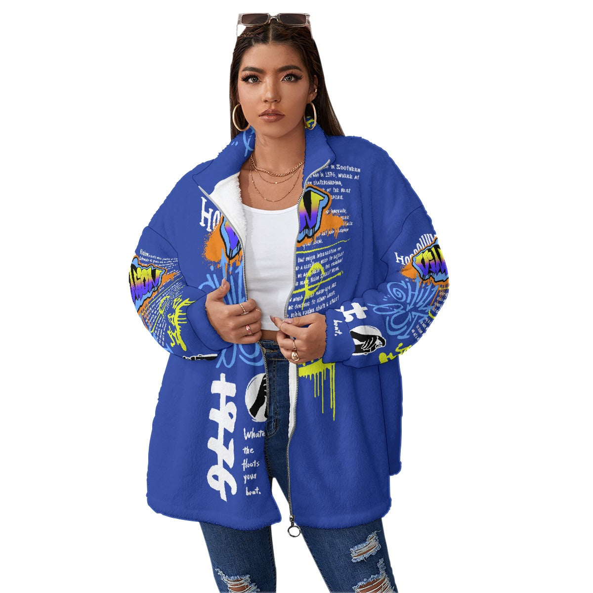 All-Over Print Unisex Borg Fleece Stand-up Collar Coat With Zipper Closure(Plus Size)